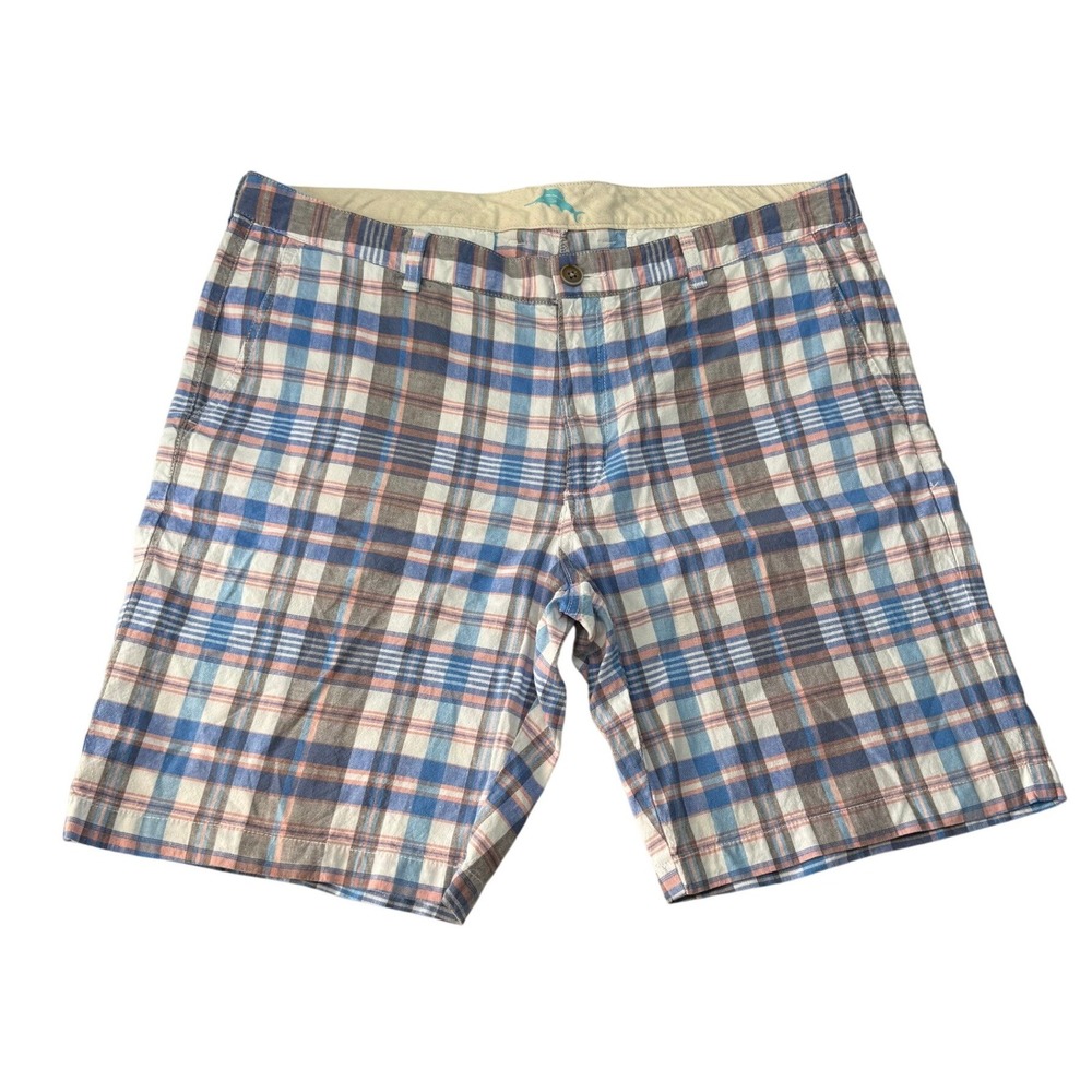 Tommy Bahama Mens Plaid Linen Blend Shorts Blue Orange Size 38 Flat Front